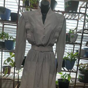 Vintage Relin San Francisco Gray 100% Silk Belted Midi Shirt Dress Womens 9 10